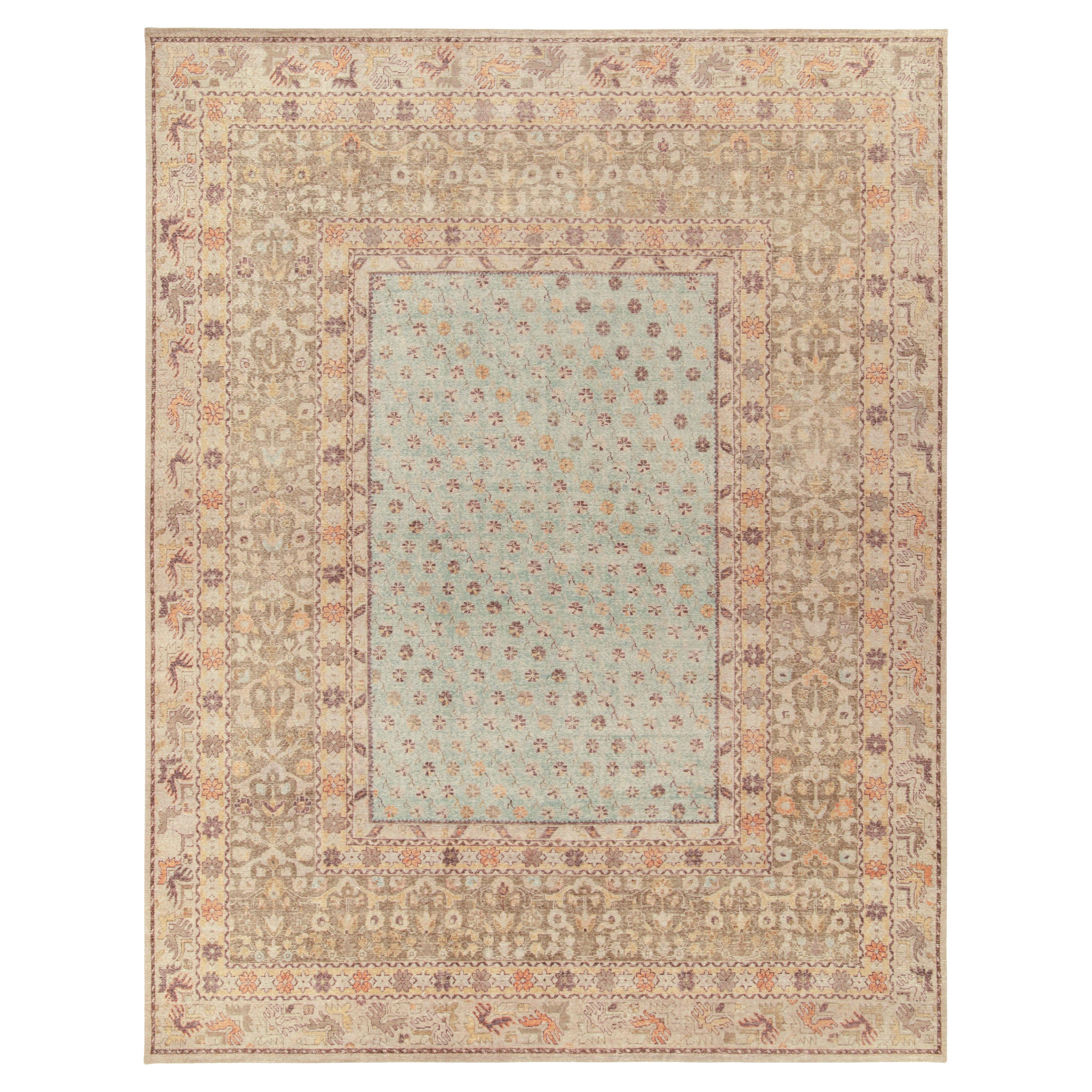 Rug & Kilim's Distressed Style Rug in Blue, Beige-Brown Floral Pattern