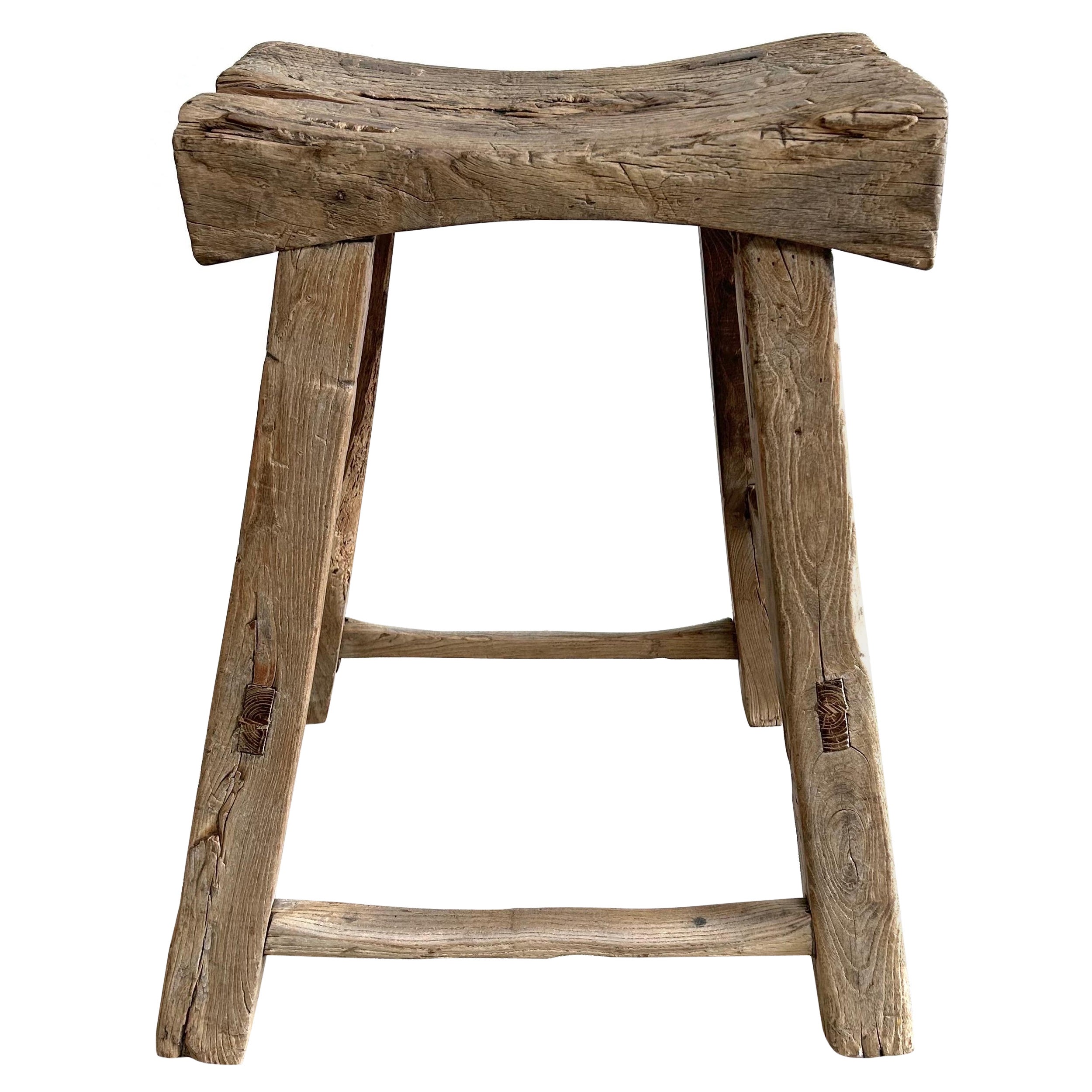 Vintage Elm Wood Stool with Curved Seat For Sale at 1stDibs