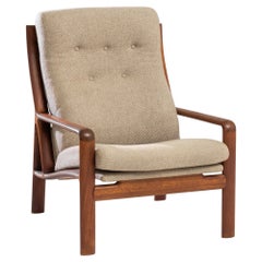 Danish Modern Corded Beige Upholstered Teak Armchair