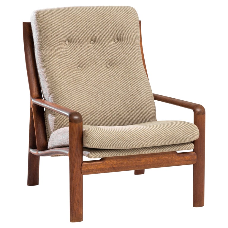 Danish Modern Corded Beige Upholstered Teak Armchair For Sale