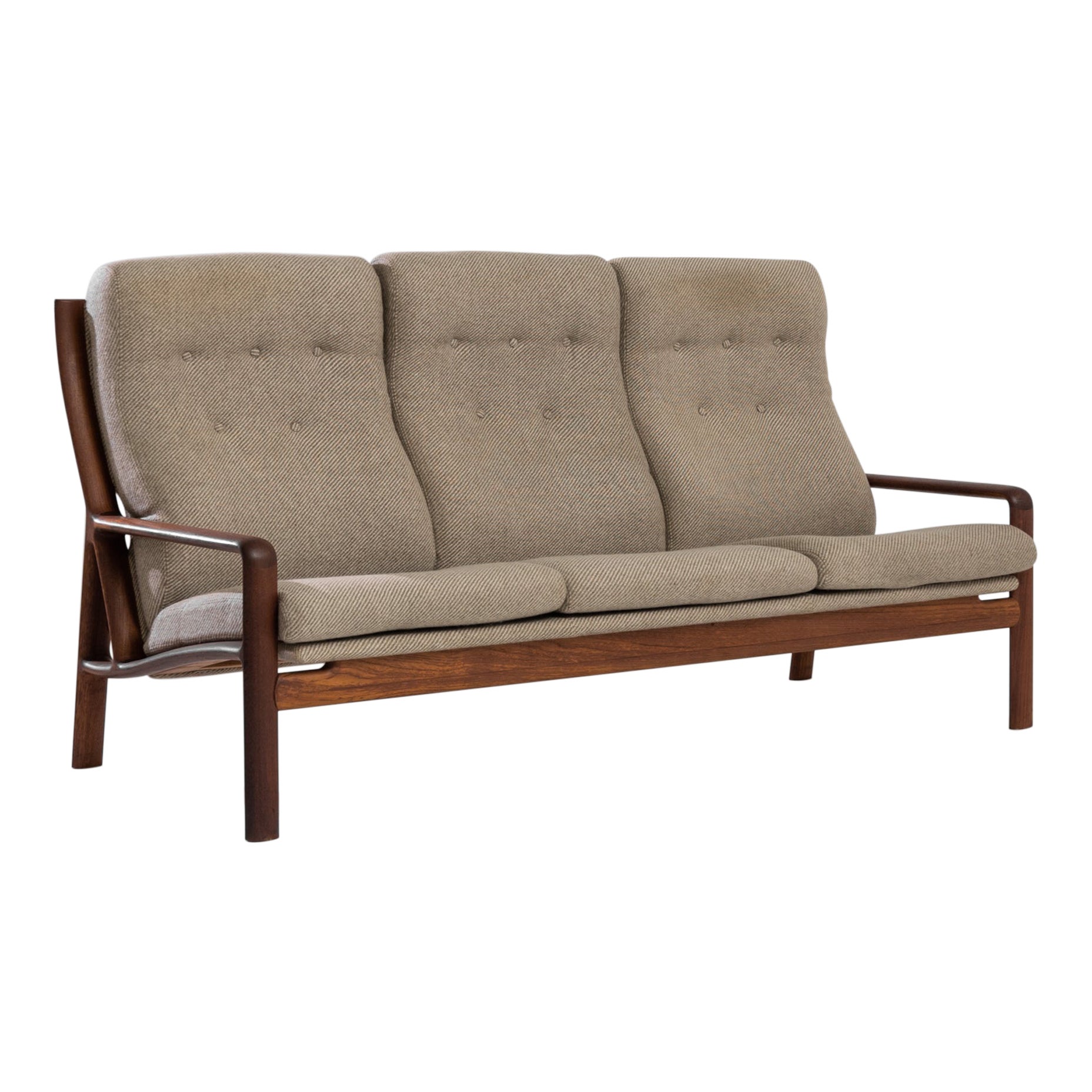 Danish Modern Corded Beige Upholstered Teak Sofa