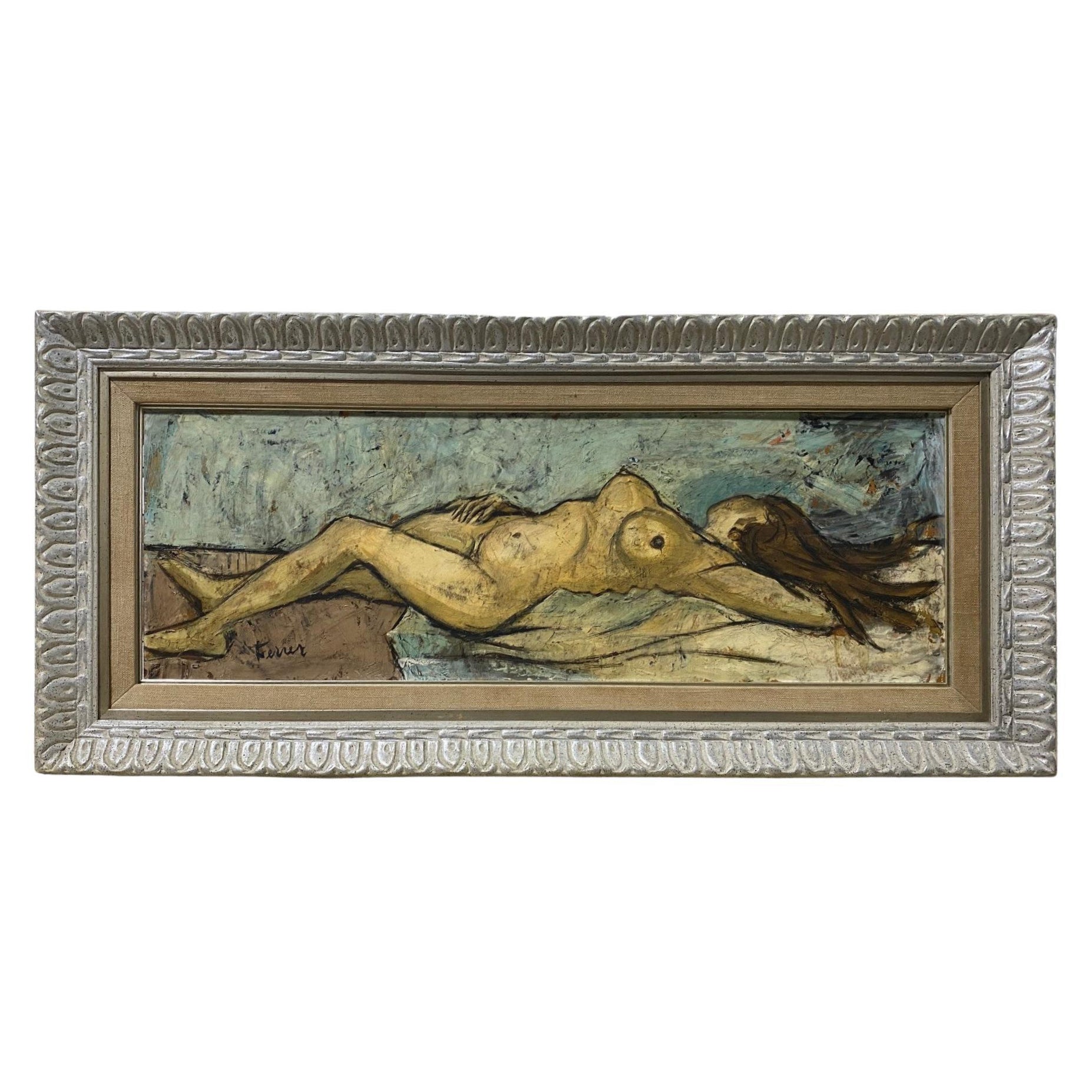 Charles Levier Signed Large Mid-Century Modern French Oil Painting Recling Nude