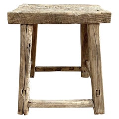 Vintage Plank Top Rustic Elm Wood Stool or Side Table
