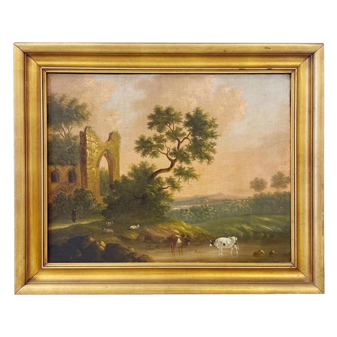 Peinture à l'huile sur toile de l'école anglaise du 19e siècle représentant un paysage de Capriccio et de vaches