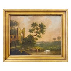 19th C. English School Oil Painting on Canvas of Capriccio and Cow Landscape