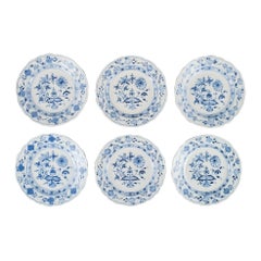 Six Small Antique Meissen Blue Onion Lunch Plates in Hand-Painted Porcelain