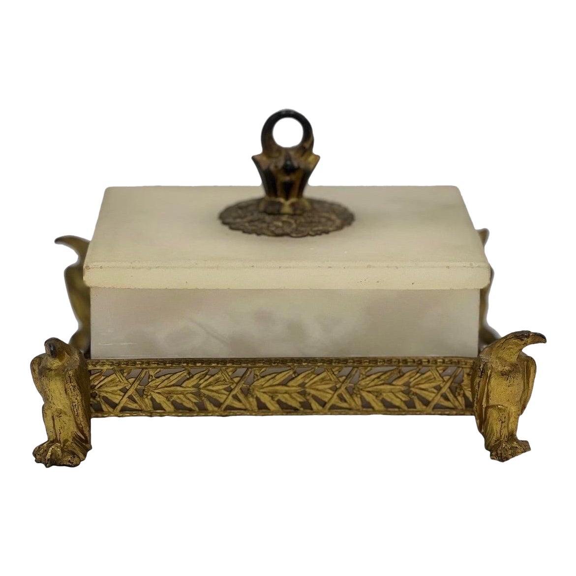 Antique Grand Tour Style Marble & Gilded Brass Humidor Bamboo & Eagle Motif For Sale