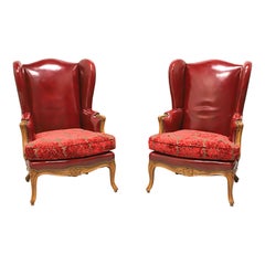 Antique Late 19th Century French Provincial Louis XV Red Leather Wing Back Chairs - Pair