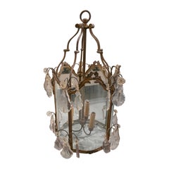 19th Century French Bronze Ceiling Lantern with Crystals and Original Decoration