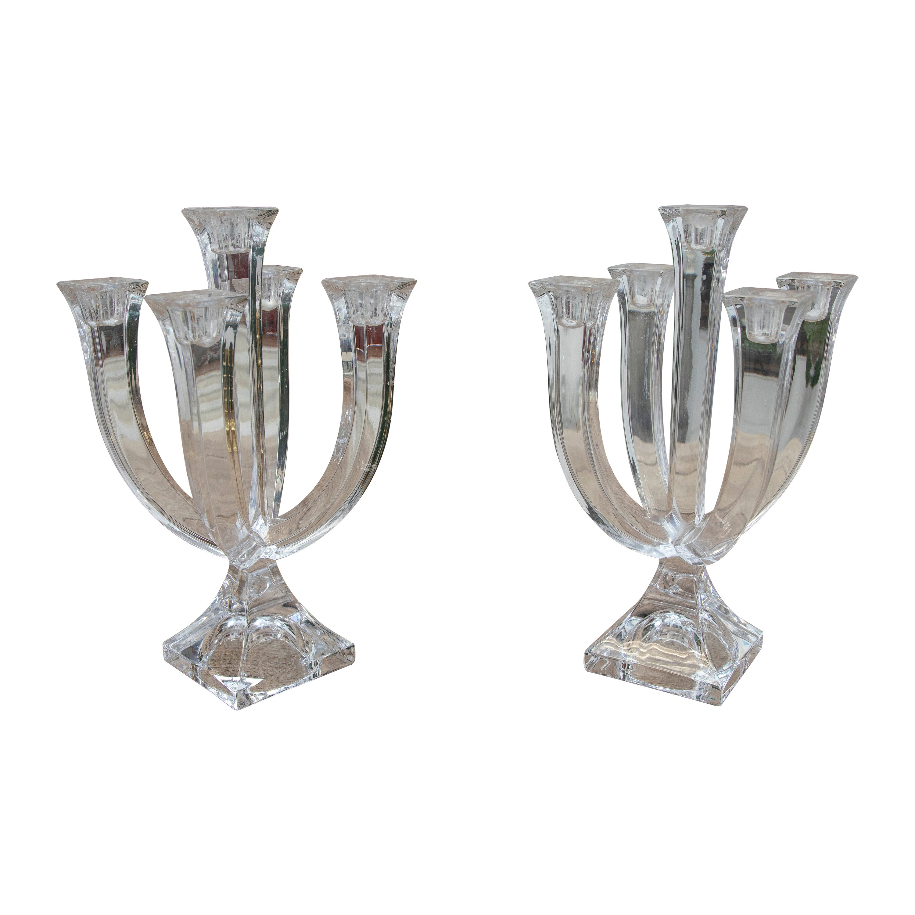 Coppia di candelabri in cristallo degli anni '70 con cinque bracci ciascuno in vendita