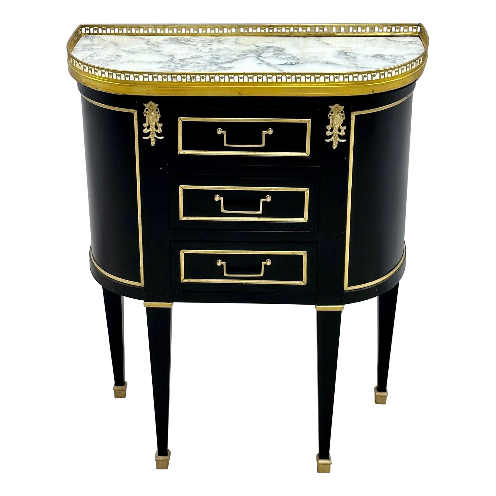 Single Ebony Demilune Marble Top Bronze Mounted End / Side Table For Sale