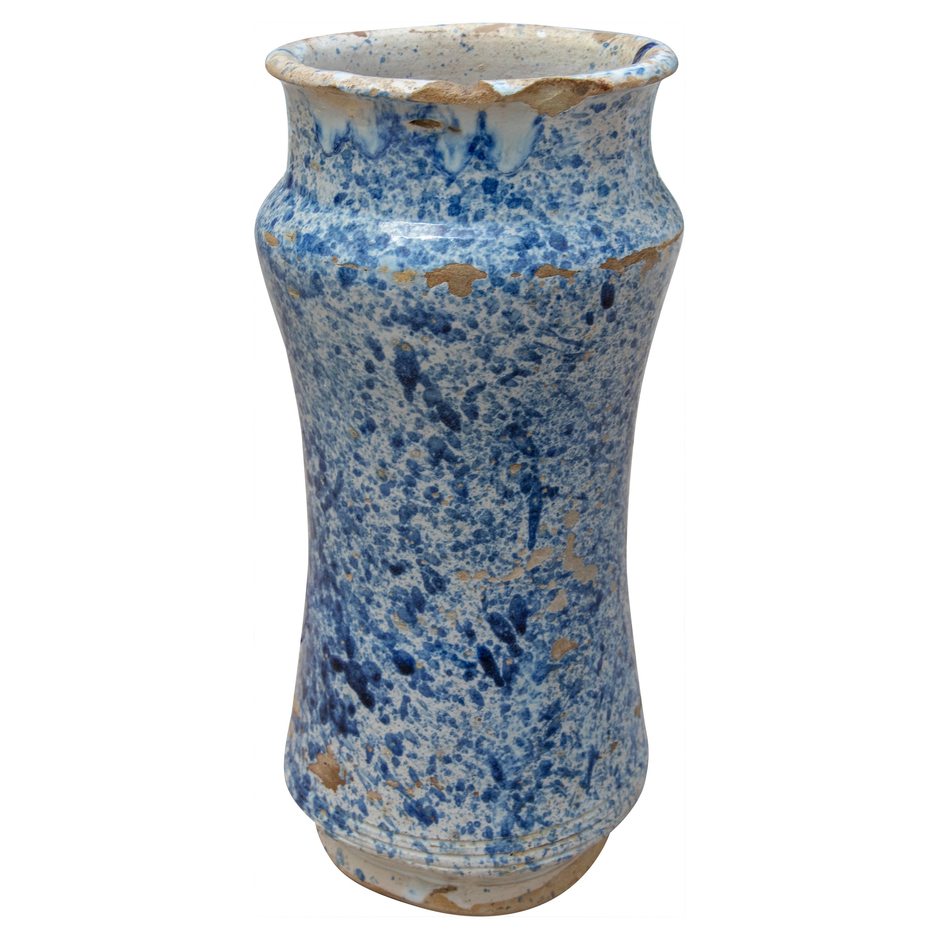 17th Century Spanish Talavera Pharmacy Jar in Blue Glazed Ceramic