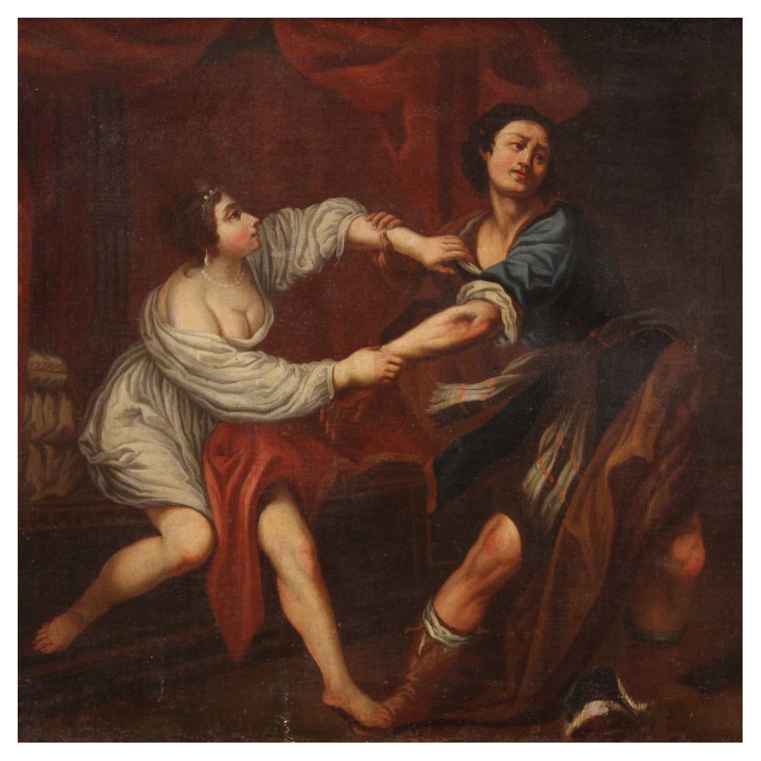 Huile sur toile italienne du 18e siècle Joseph et l'épouse de Potiphar, 1750