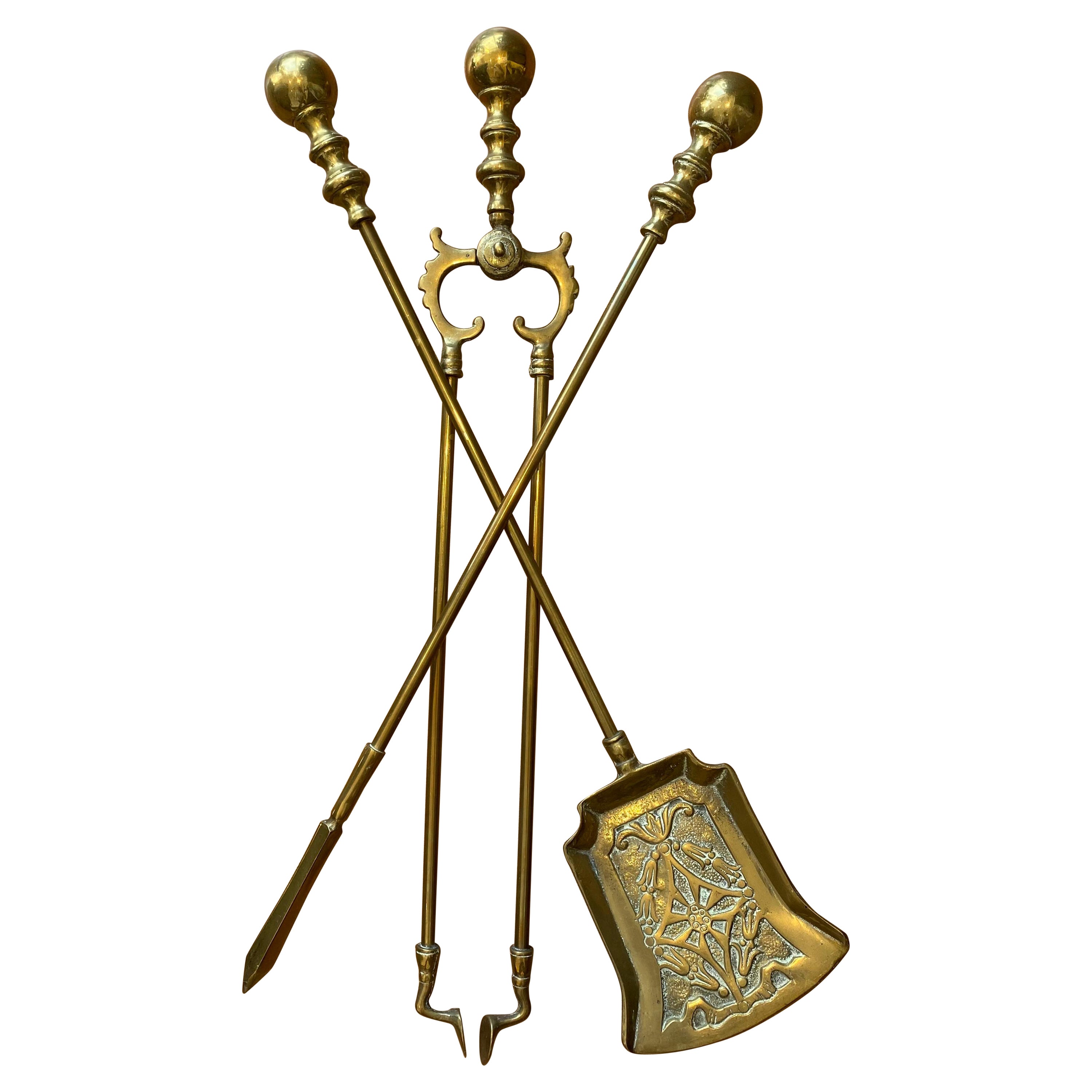 Victorian Gothic Brass Fire Companion Set, 19th Century For Sale