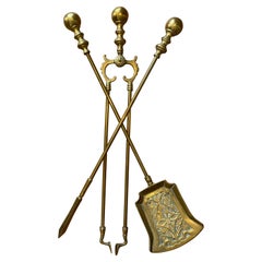 Antique Victorian Gothic Brass Fire Companion Set, 19th Century