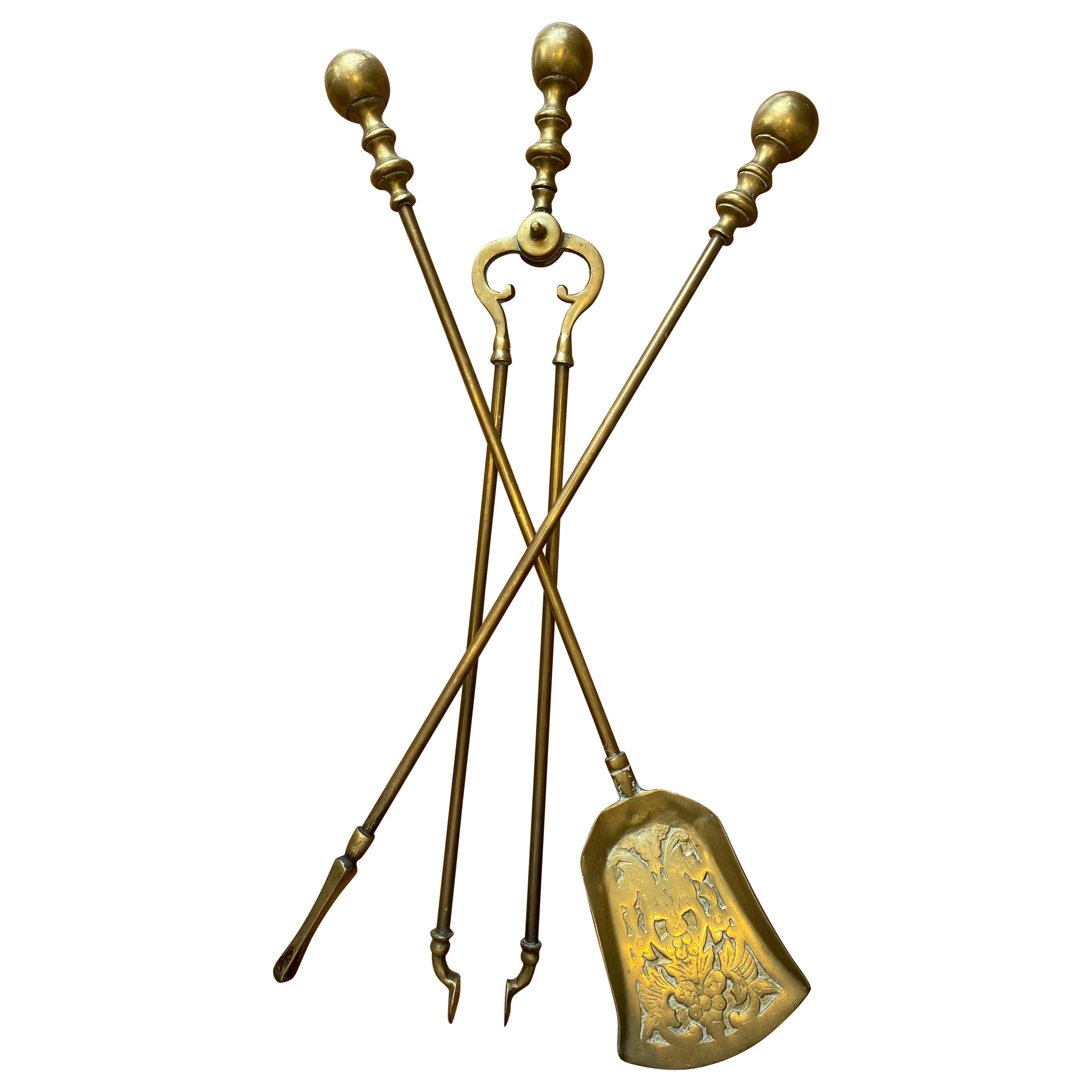 Victorian Gothic Brass Fire Companion Set, 19th Century