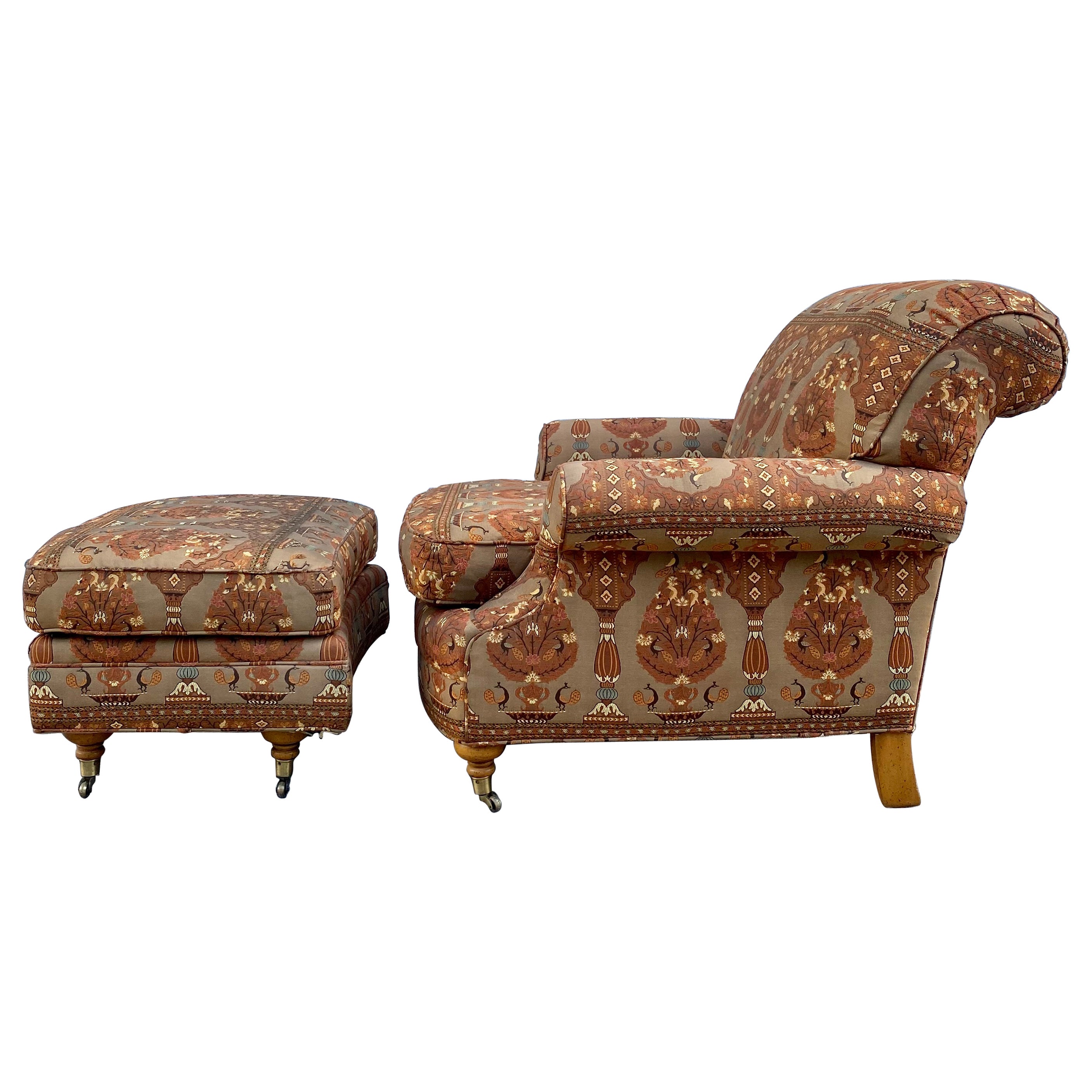 1980s Attributed to George Smith Textile Armchair & Ottoman, Set of 2 For Sale
