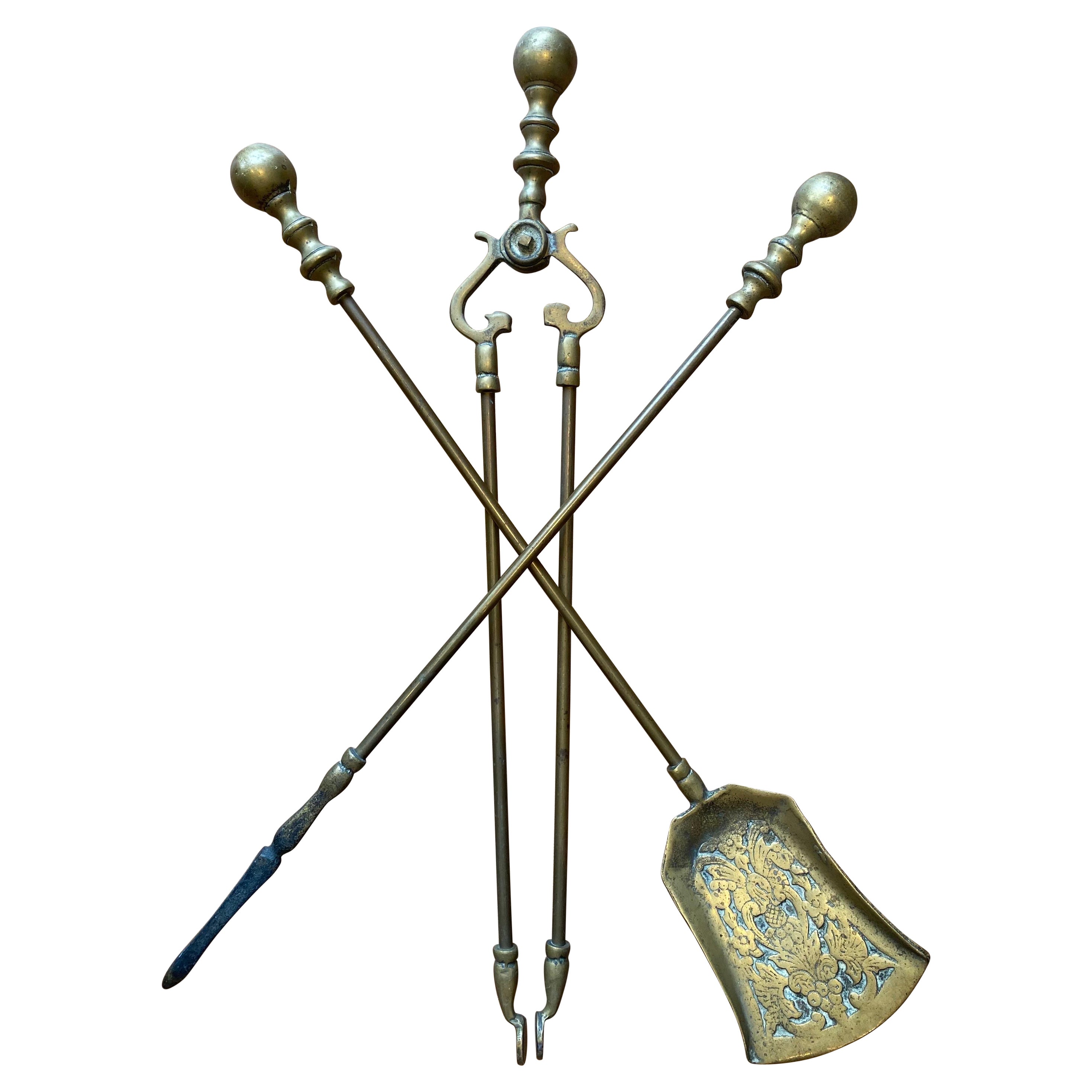 Victorian Gothic Brass Fire Companion Set, 19th Century For Sale