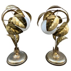 Pair of Gilt Metal Leaves Table Lamps with White Glass Ball, 1950s