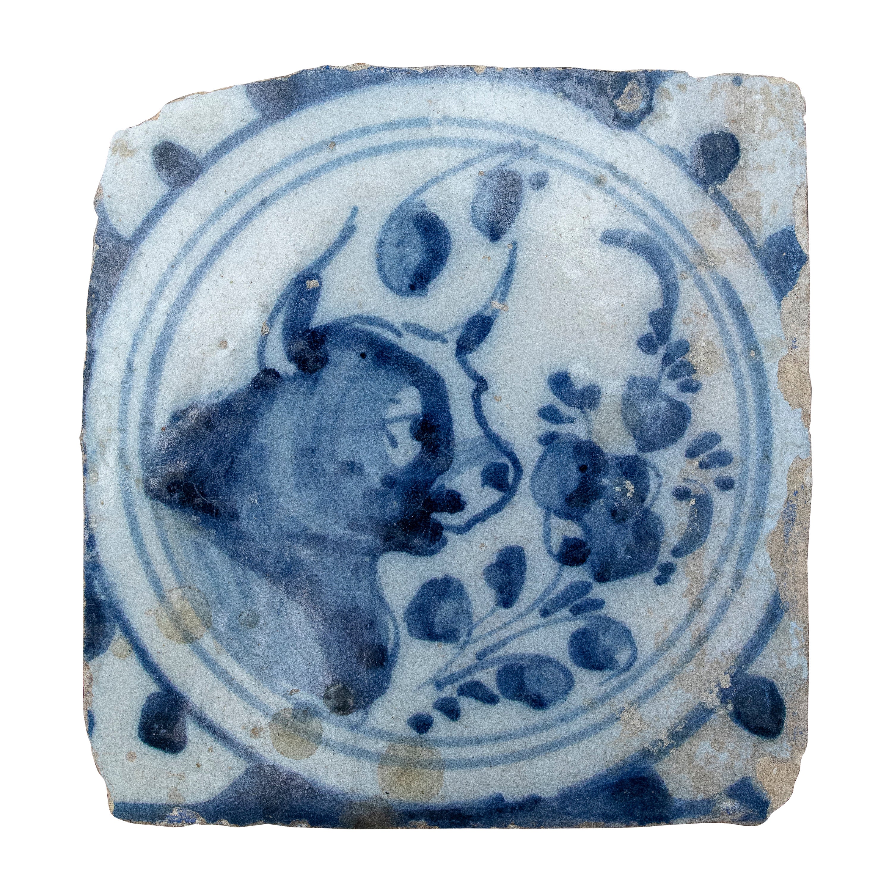 Azulejo de cerámica vidriada español de triana en color azul y blanco, S XVIII