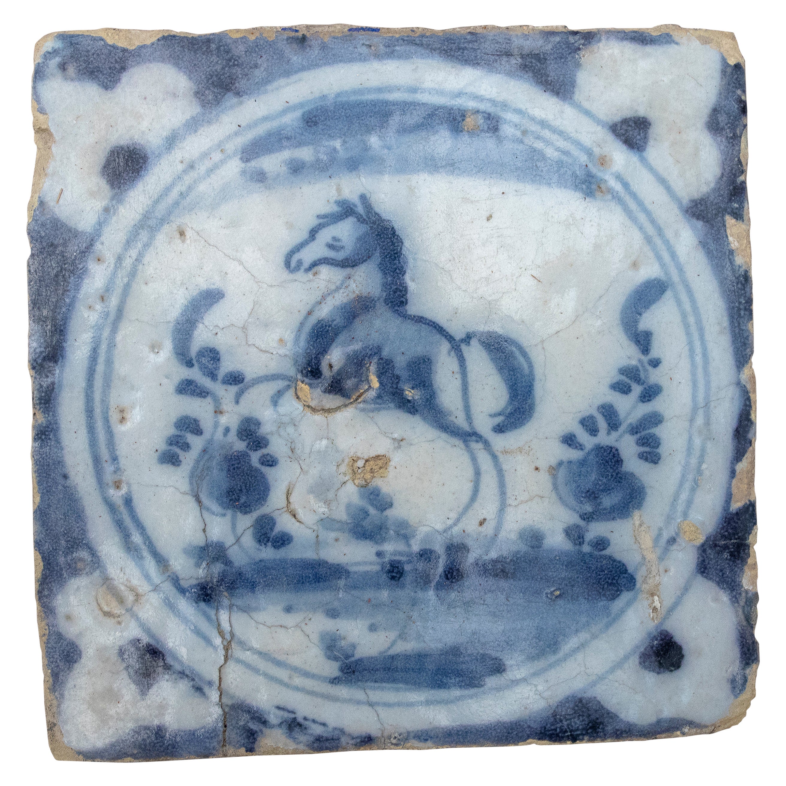 18th Century Spanish Glazed Ceramic Tile from Triana in Blue and White For Sale