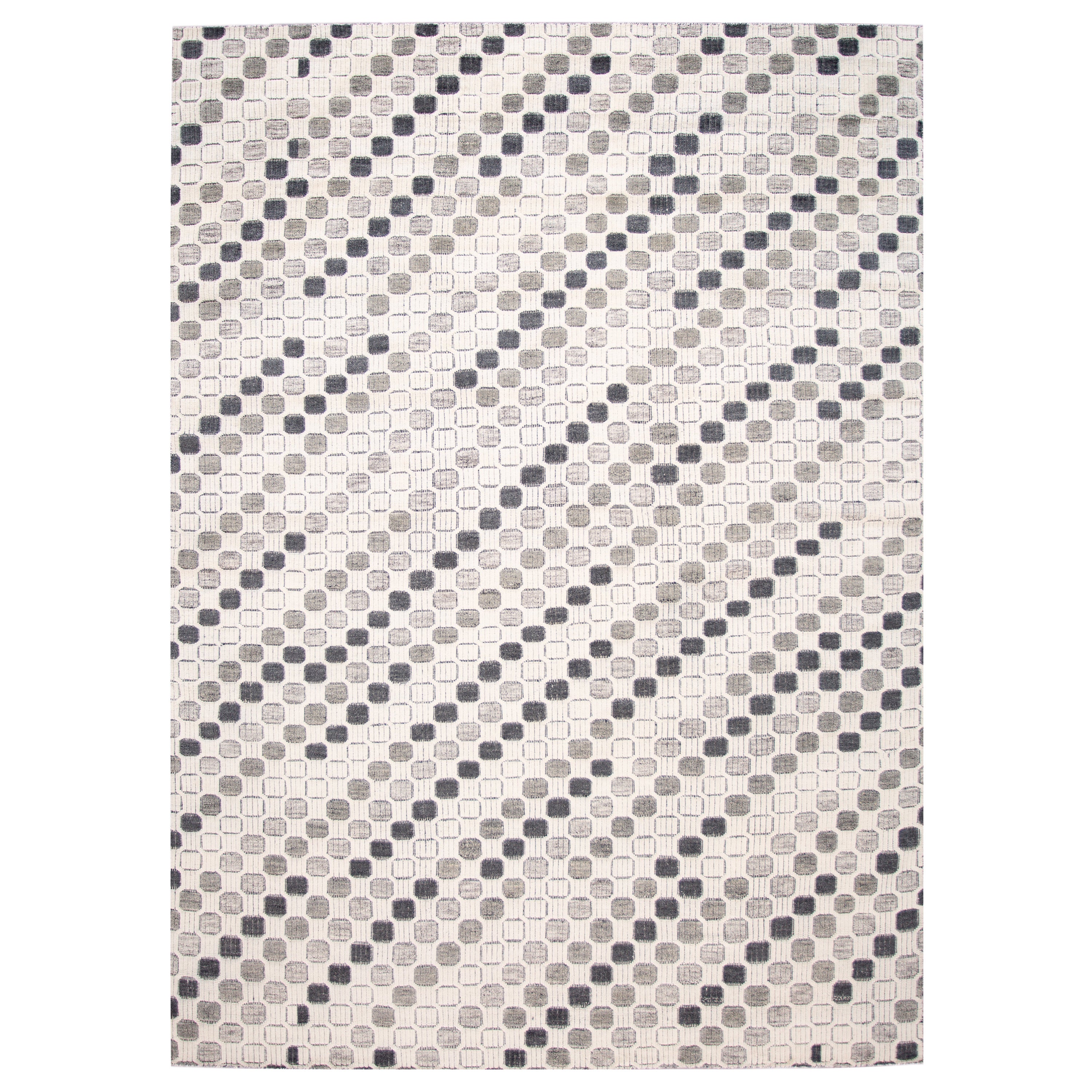 Ivory Modern Textured High Low Wool Rug with Allover Geometric Design