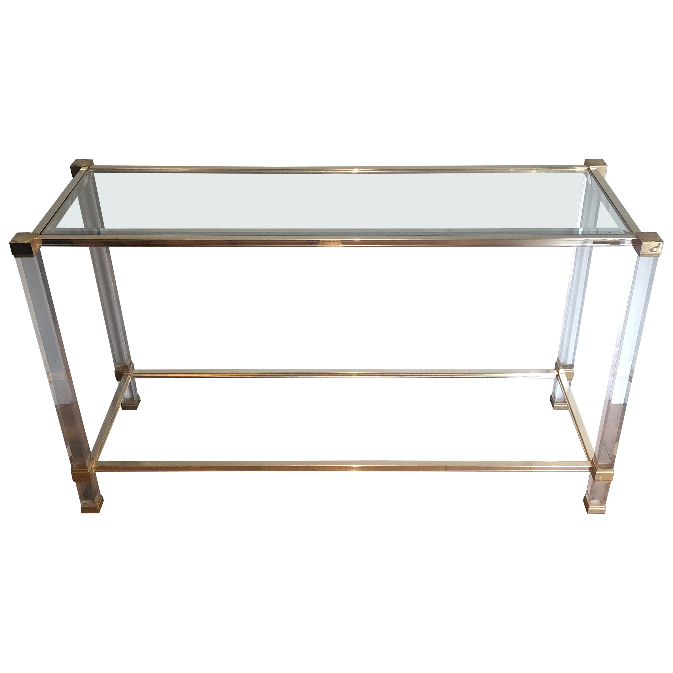 Lucite and Gilt Metal Console by Pierre Vandel, Circa 1970 For Sale
