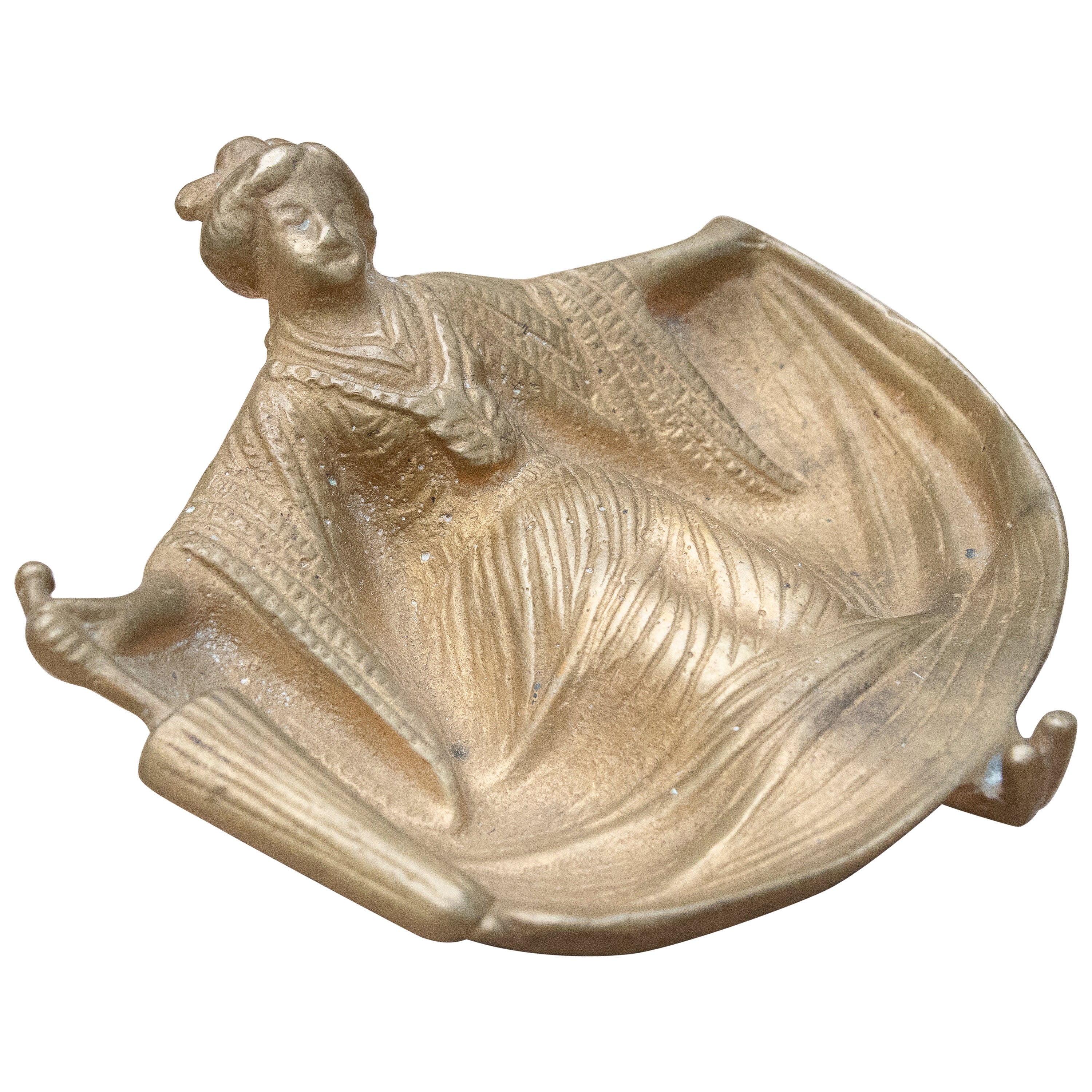 1930s Bronze Ashtray of a Woman Dressed in Front and Nude at the Back For Sale