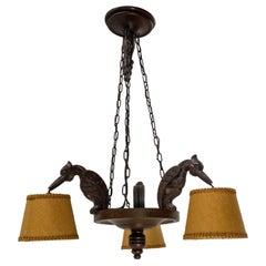 French Wood Lamp Three Birds Chimeras Gothic Art Nouveau St Pendant Lustre C1960