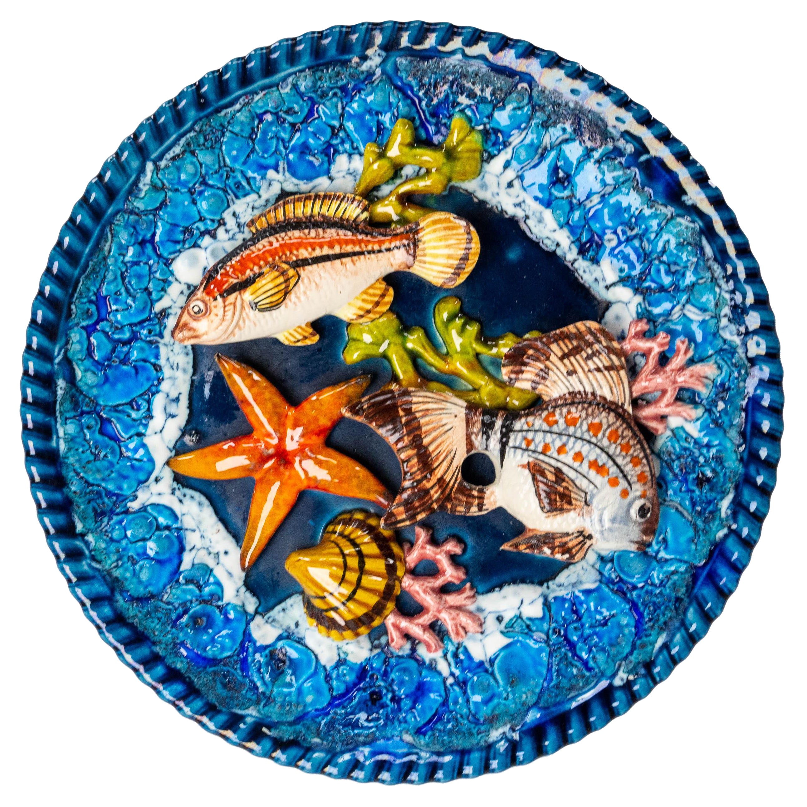 Barbotine Hand Painted Seafood Faience Plate, France, Mid-Century For Sale