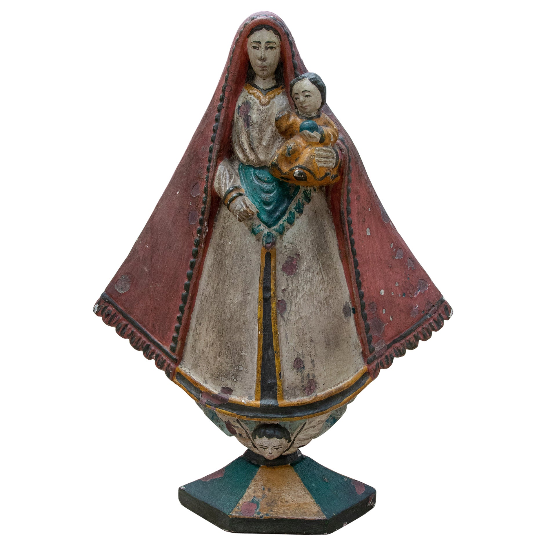 19th Century Mexican Wooden Hand-Painted Virgin with Child in Arms