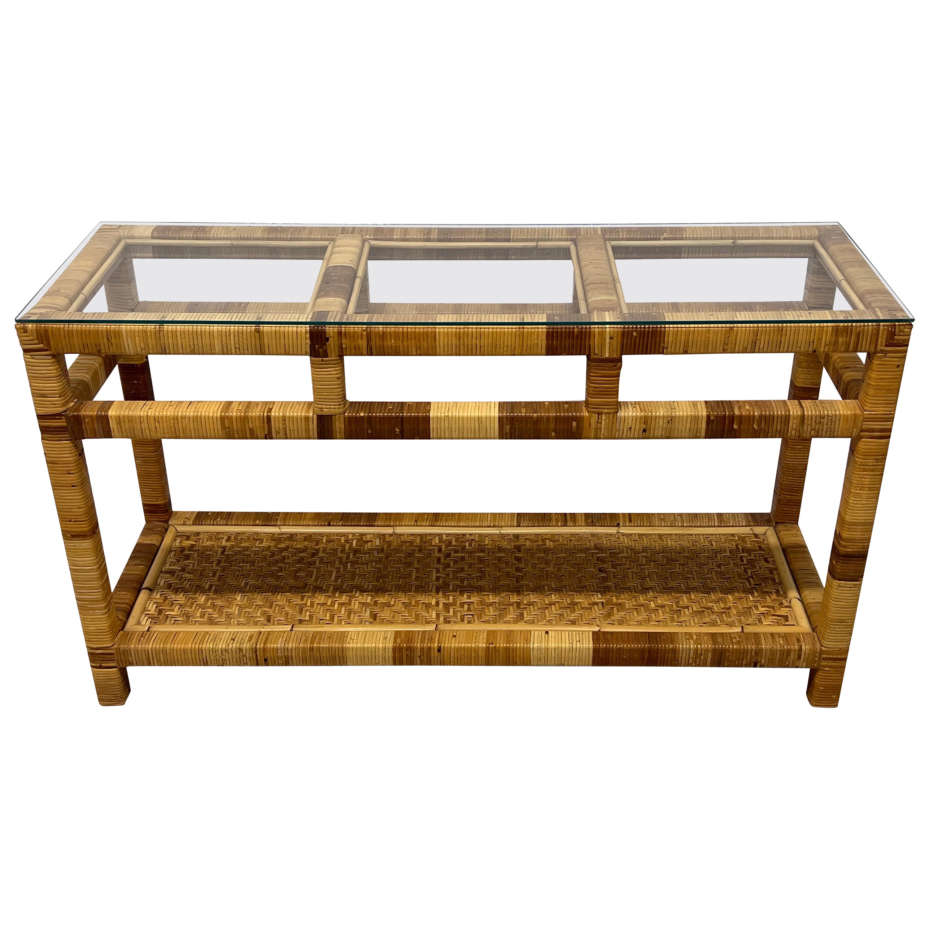 Mid-Century Rattan and Glass Top Console Table