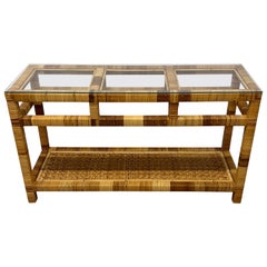Vintage Mid-Century Rattan and Glass Top Console Table