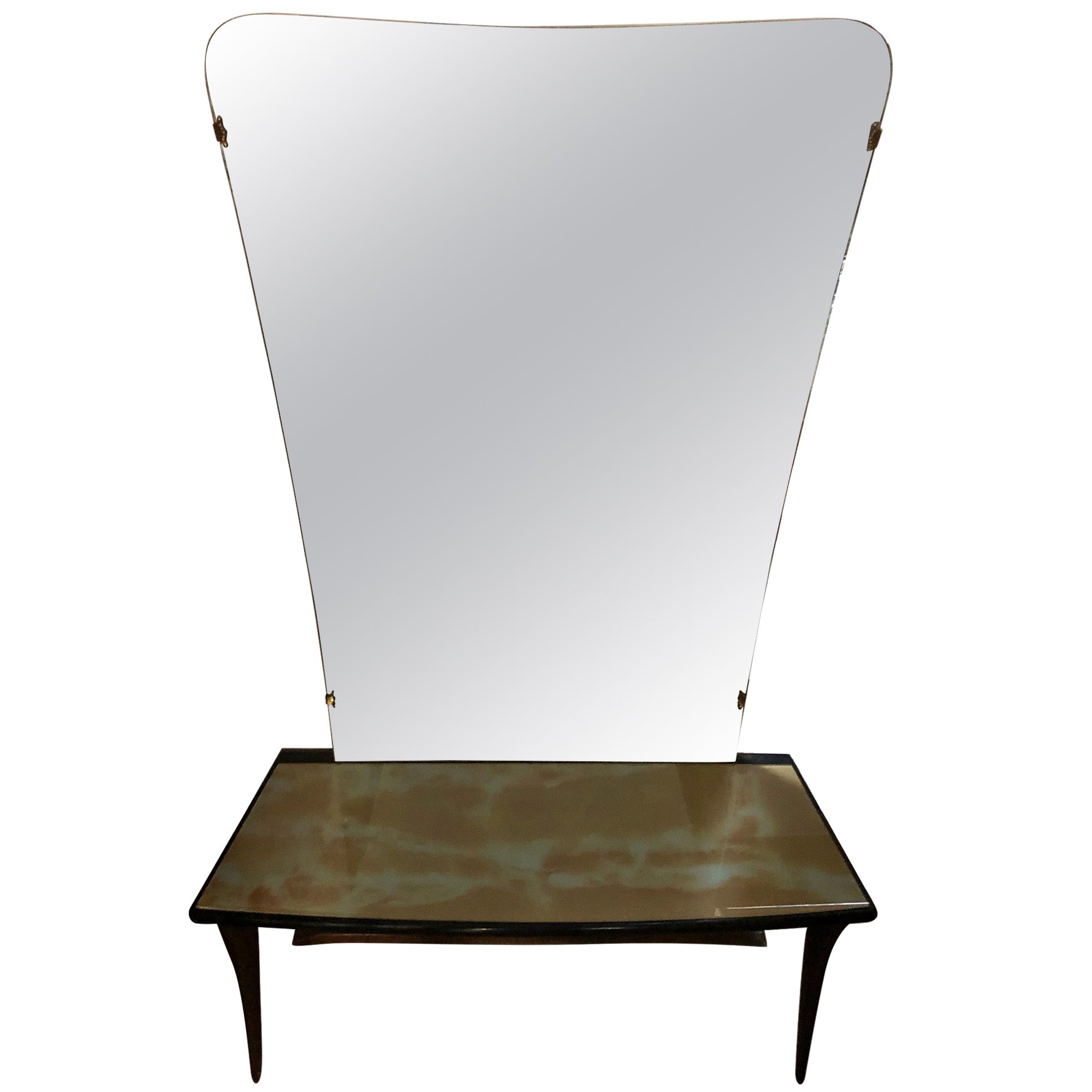 Original Italian Design Console Mirror with Marbled Glass Top