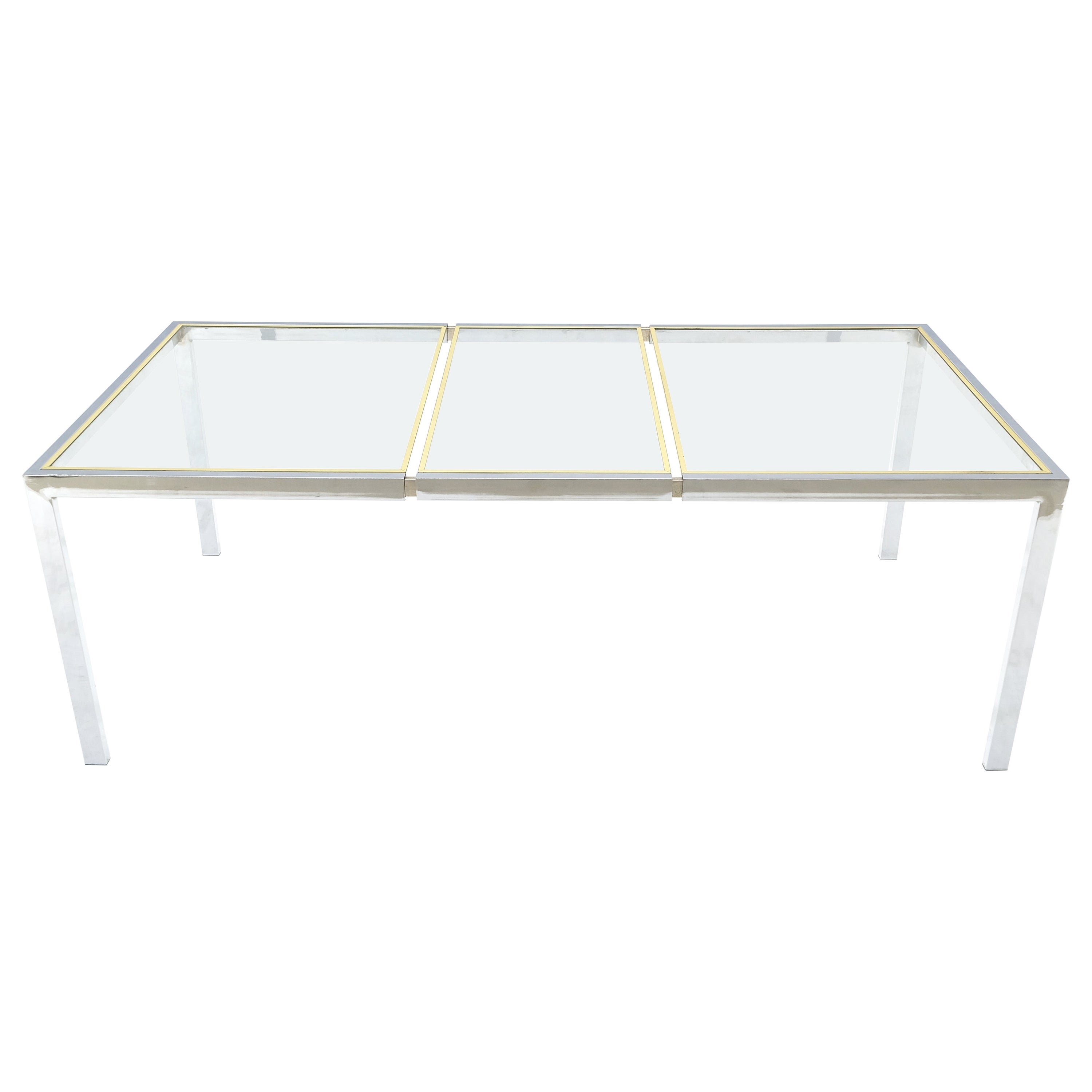 Glass Top Brass & Chrome Base One Extension Leaf Dining Conference Table
