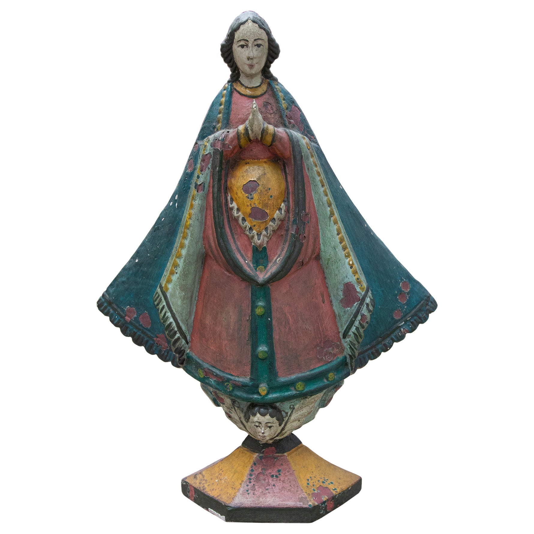 19th Century Mexican Wooden Hand-Painted Virgin with Child in Arms For Sale