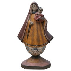 19th Century Mexican Wooden Hand-Painted Virgin with Child in Arms 