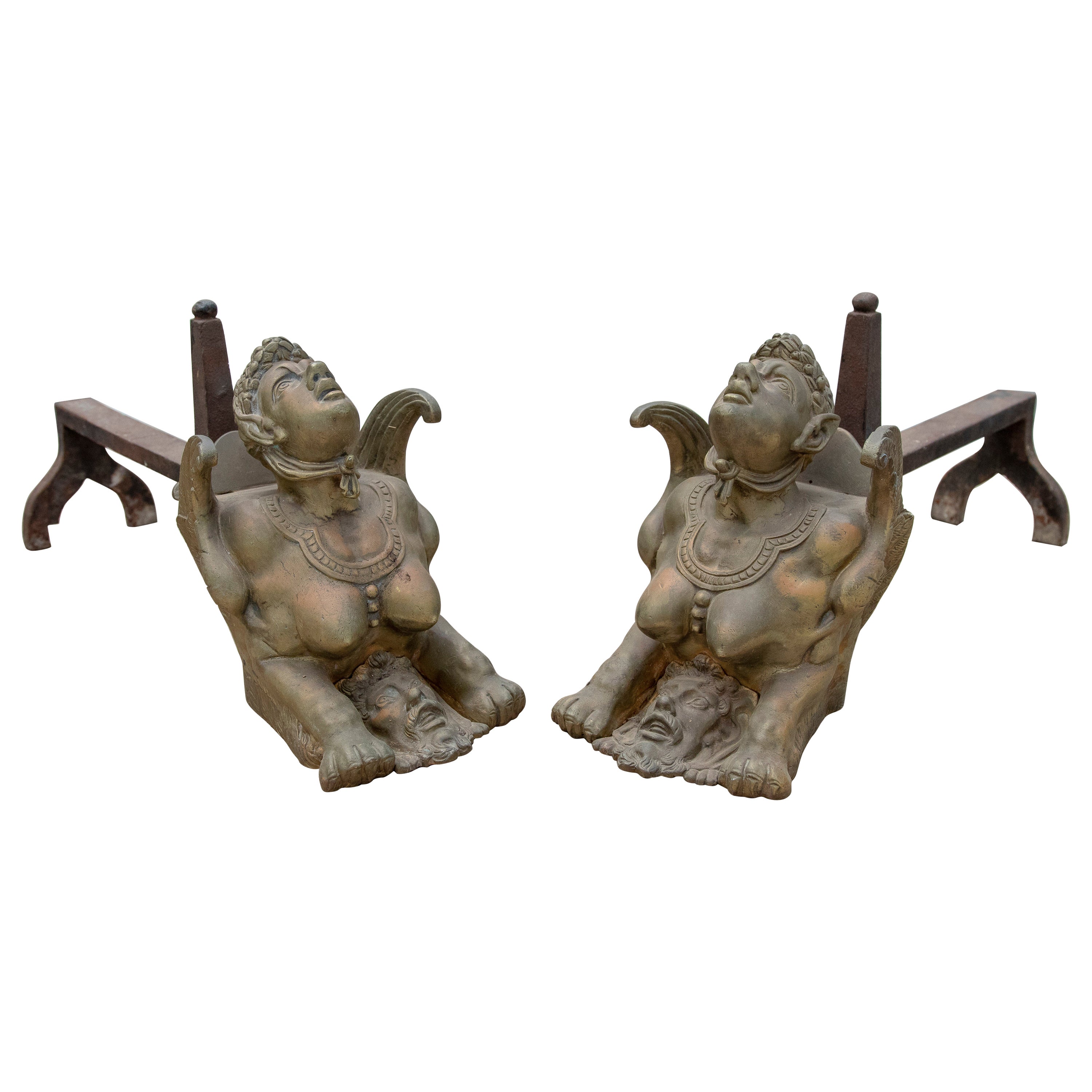 19th Century French Pair of Bronze Morels of Winged Characters For Sale