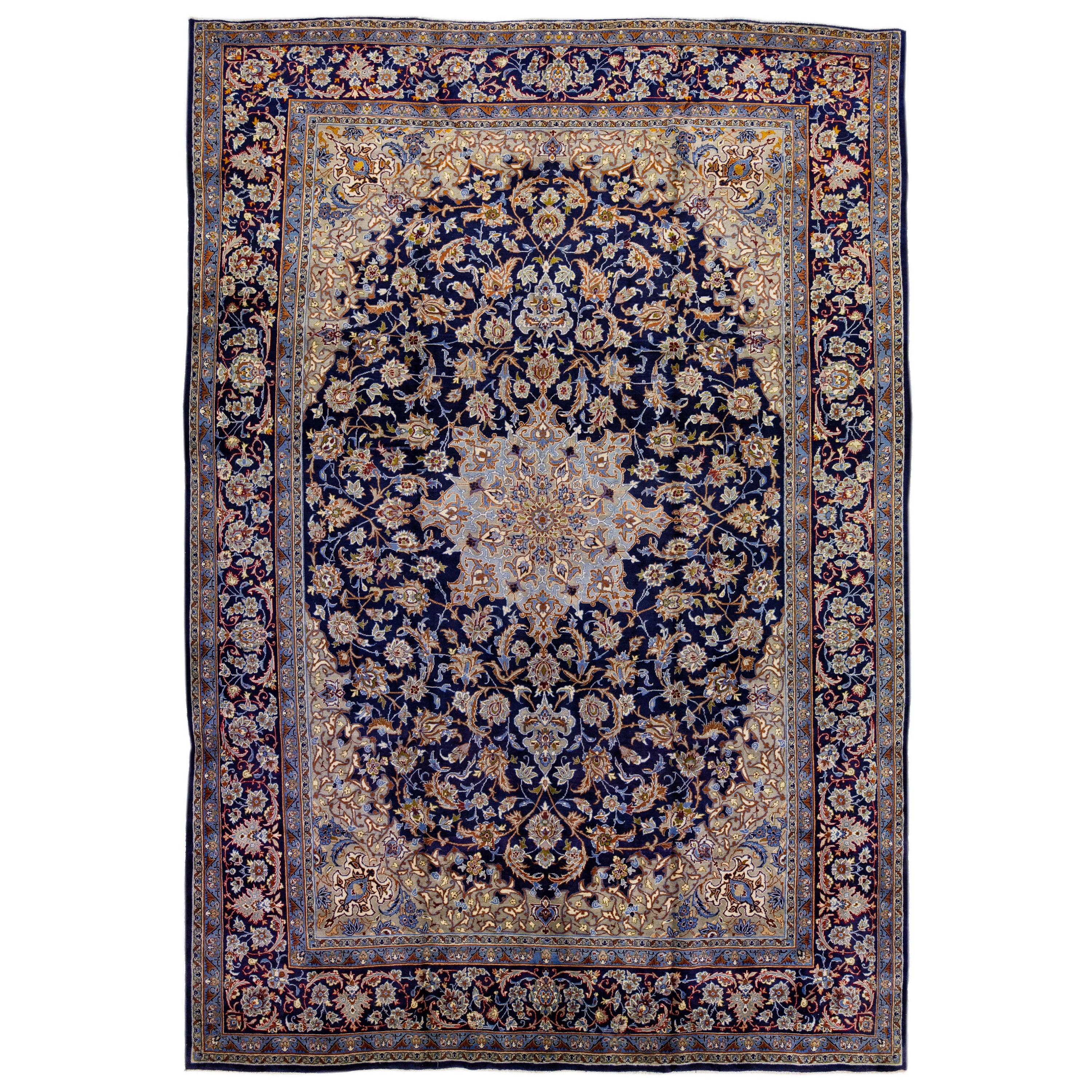 Allover Handmade Antique Persian Isfahan Natural Wool Rug in Blue For Sale