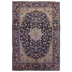 Allover Handmade Antique Persian Isfahan Natural Wool Rug in Blue