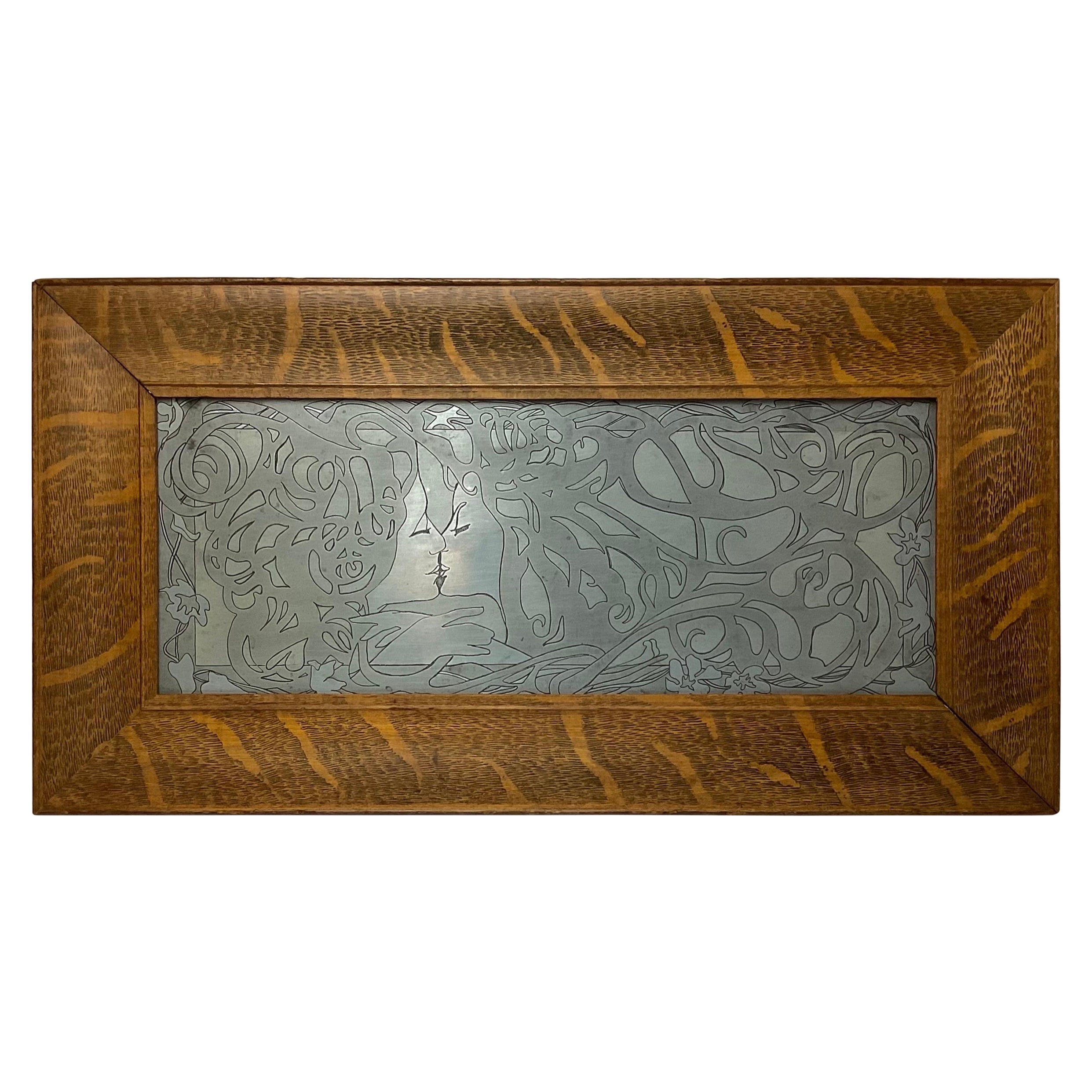 Art Nouveau Metal Etched Printer Plate in Oak Frame For Sale
