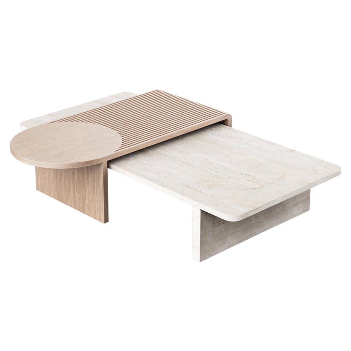 Sculpted Contemporary Travertine and Oak Table by Dooq For Sale