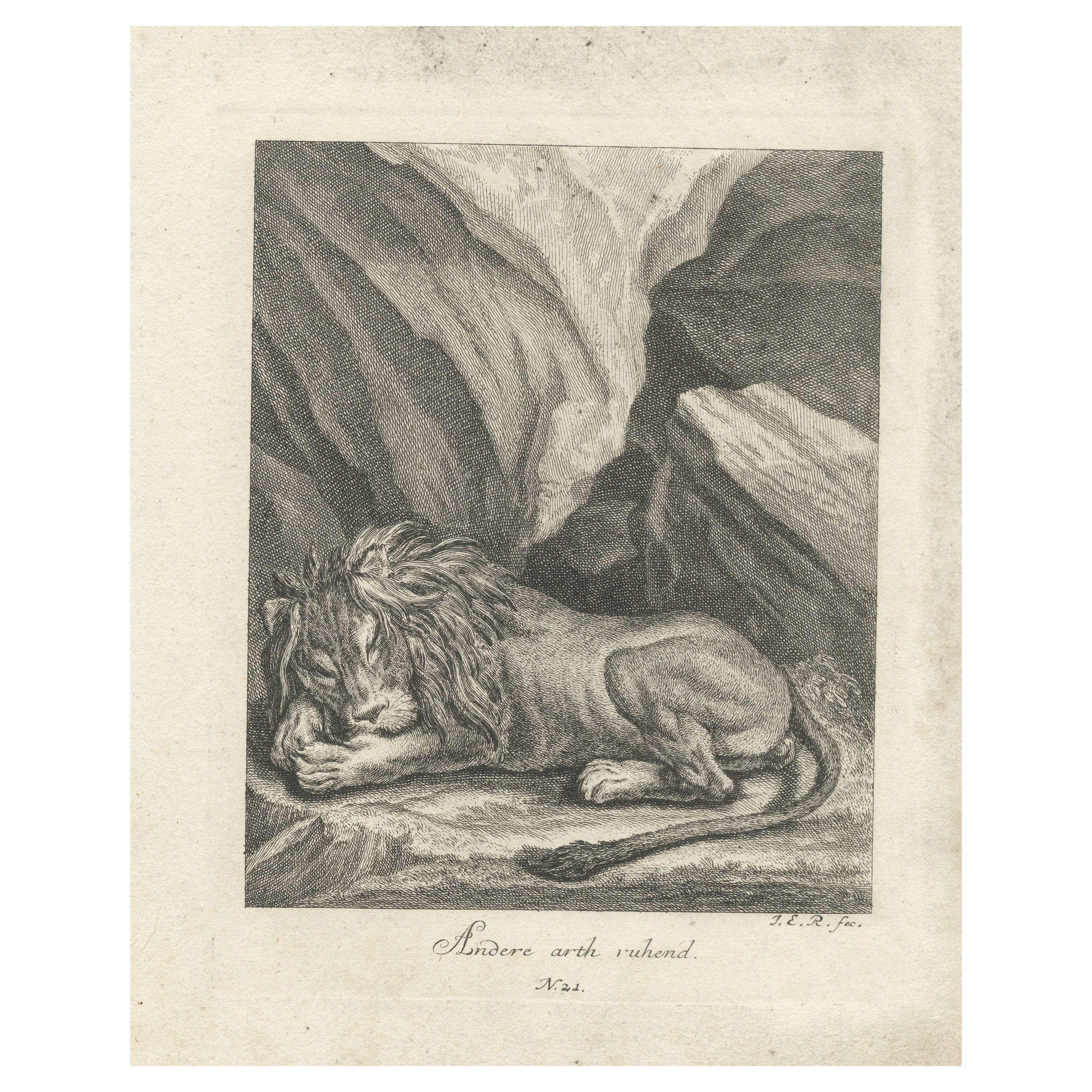 Antique Print of a sleeping Lion in a mountainous landscape