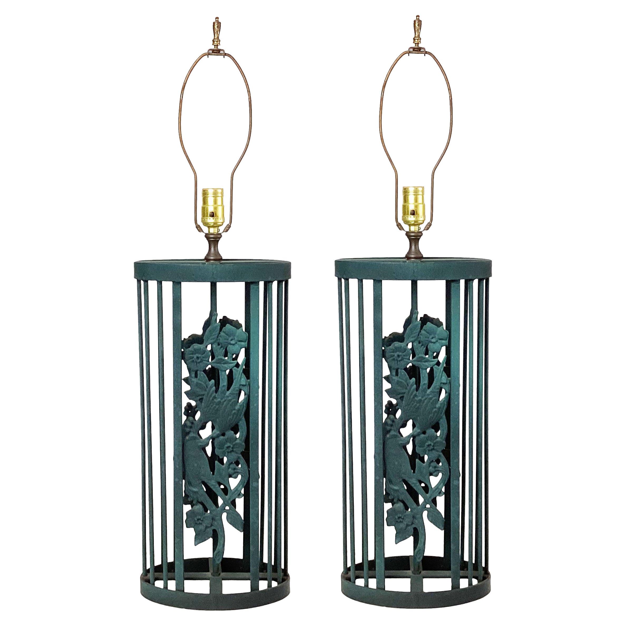 Pair Mid Century Green Cast Iron Table Lamps For Sale