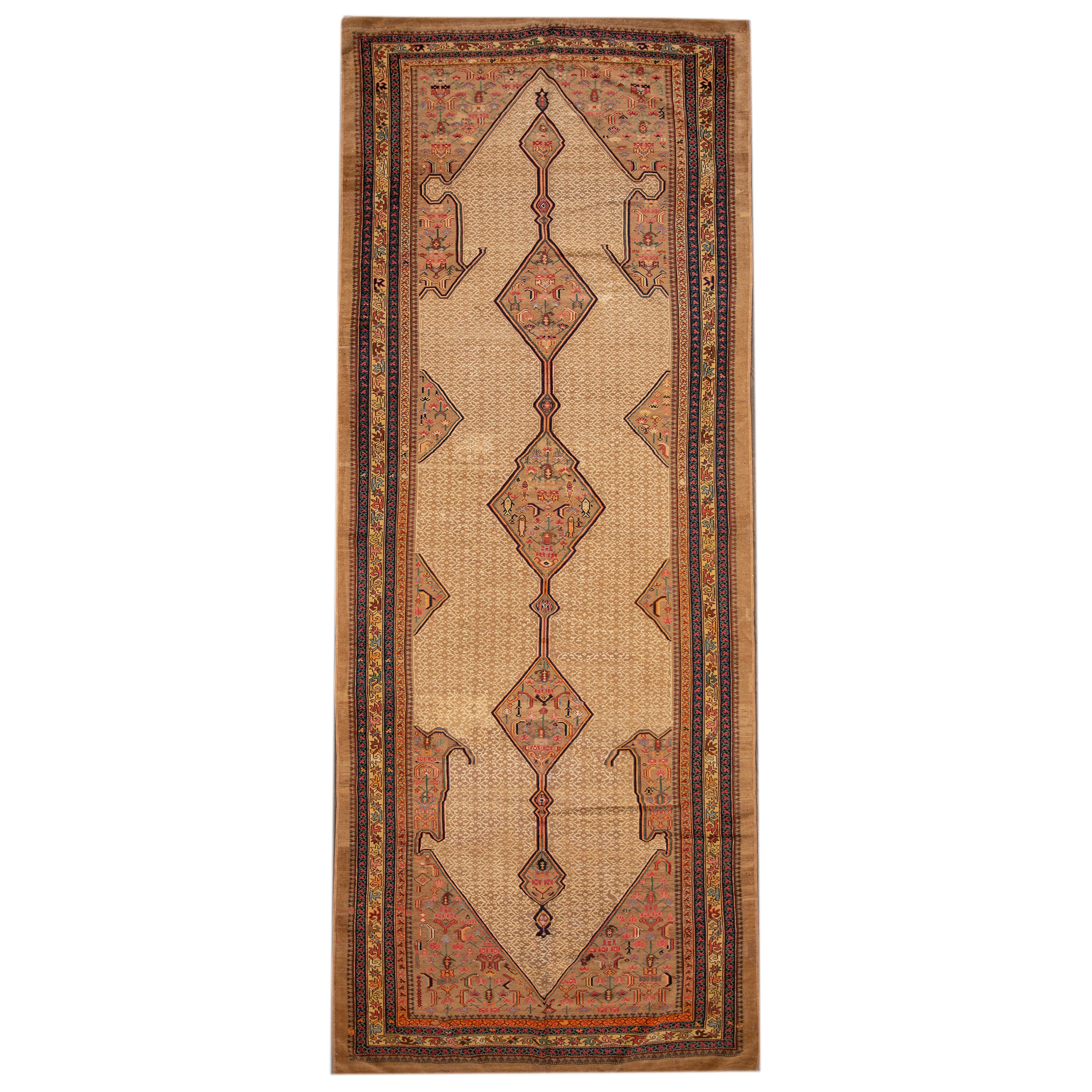 1890s Antique Persian Serab Handmade Tan Wool Rug with Tribal Motif For Sale