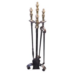 Set of Italian Brass & Wrought Iron Urn Finial Fireplace Tools on Stand, C 1810