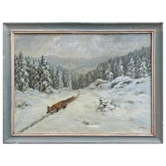 Antique Fox in the Snow Oil on Canvas Painting