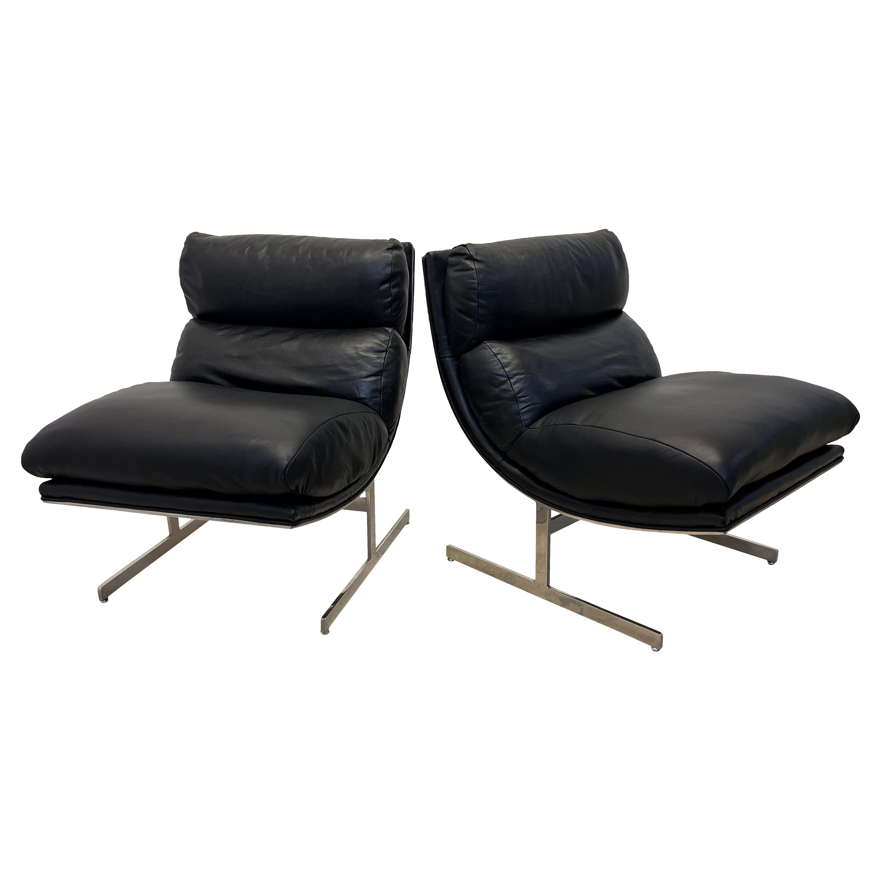 Kipp Stewart Black Leather and Chrome Arc Lounge Chairs for Directional - a Pair For Sale