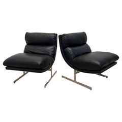 Kipp Stewart Black Leather and Chrome Arc Lounge Chairs for Directional - a Pair