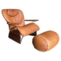 Pacific Green Cognac Leather & Palmwood Havana Lounge Chair & Ottoman, 1990's